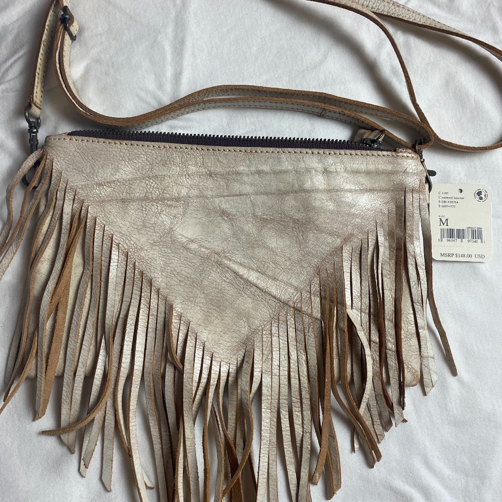 New Free People Fringe Leather oatmeal cross body purse